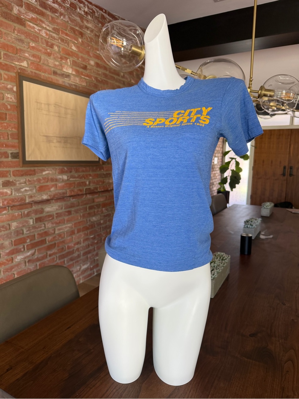 Vintage Blue 'City Sports' Boston Graphic Tee with Yellow Logo